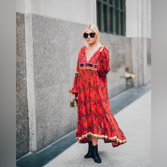 Free People Bold Blooms Embroidered Dress oversized red gold - Picture 4 of 12